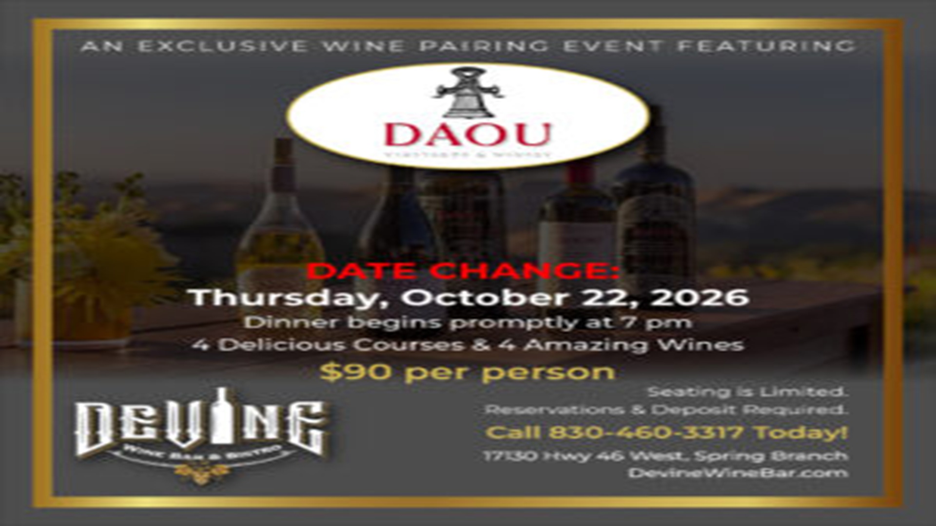 DAOU Wine Pairing Dinner New Date at Devine Wine Bar & Bistro